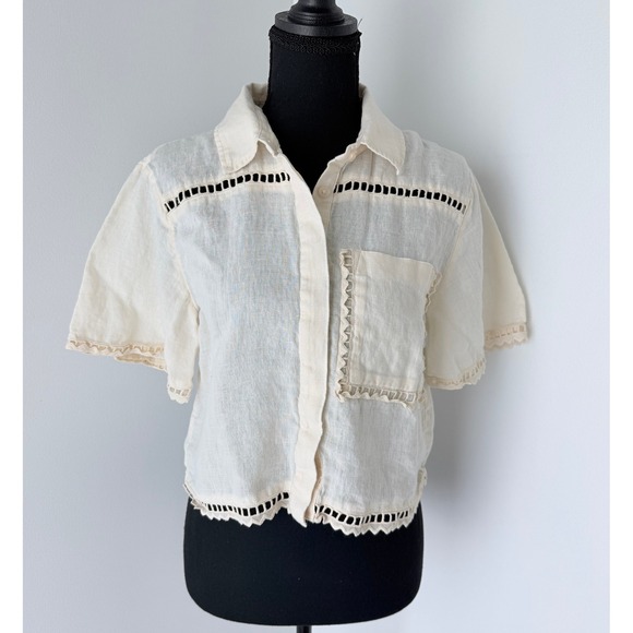 Abercrombie & Fitch Tops - Abercrombie Linen Ivory Boxy Short-Sleeve Button-Down Lace Trim Coastal Summer S